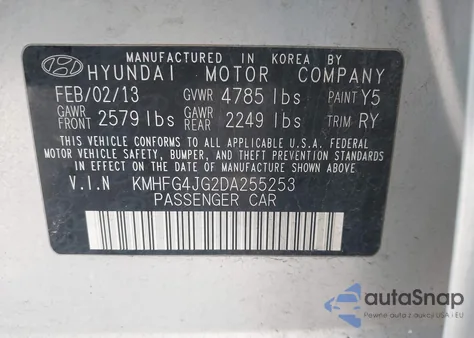 2013 Hyundai Azera из США, поврежденный, VIN KMHFG4JG2DA255253